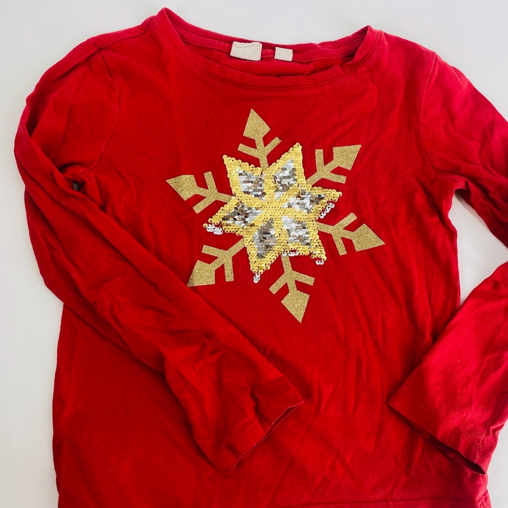 Gap Girls Red Long Sleeve Shirt with Sequin Snowflake | Size S (6–7)